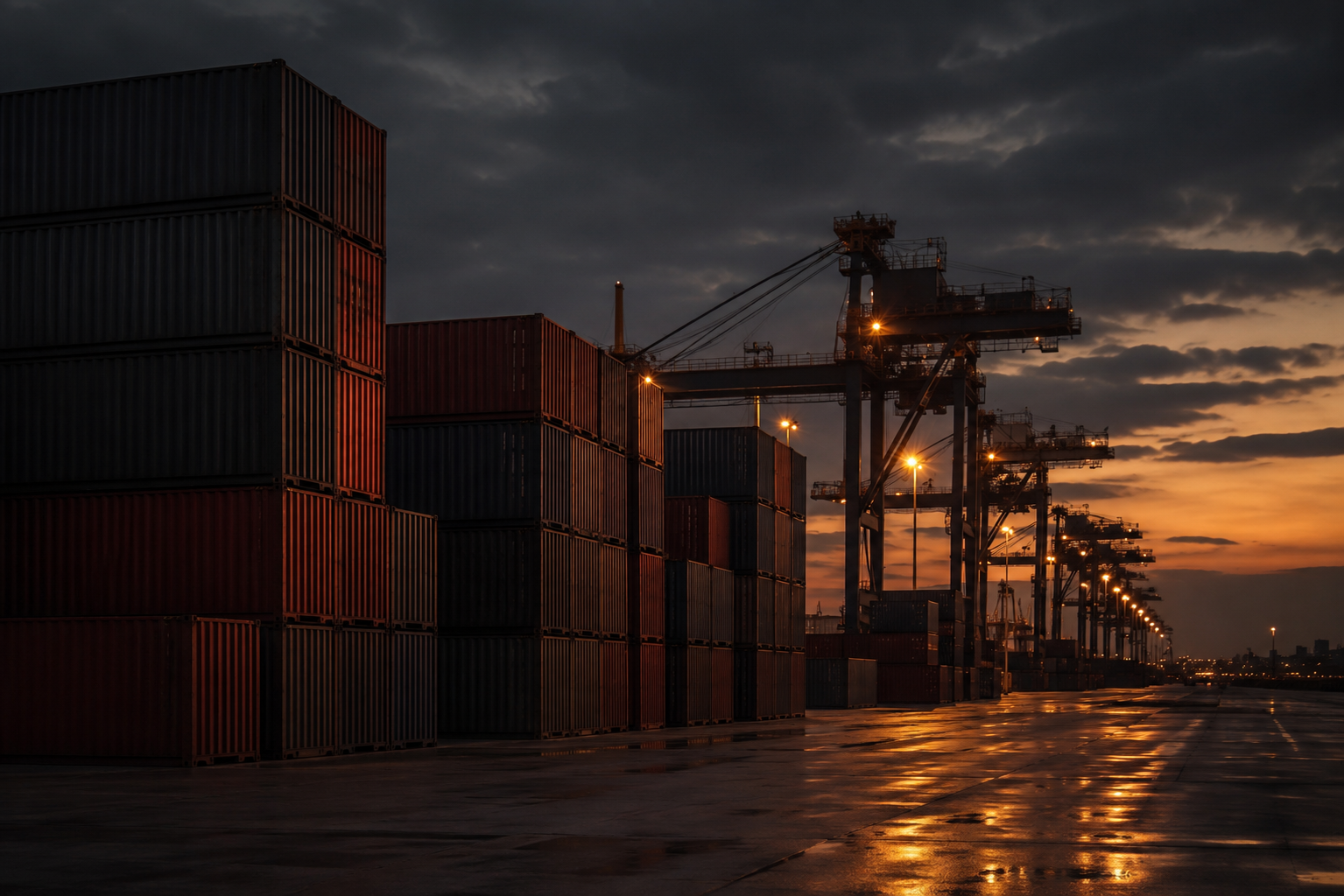 Container terminal and gantry cranes at dusk