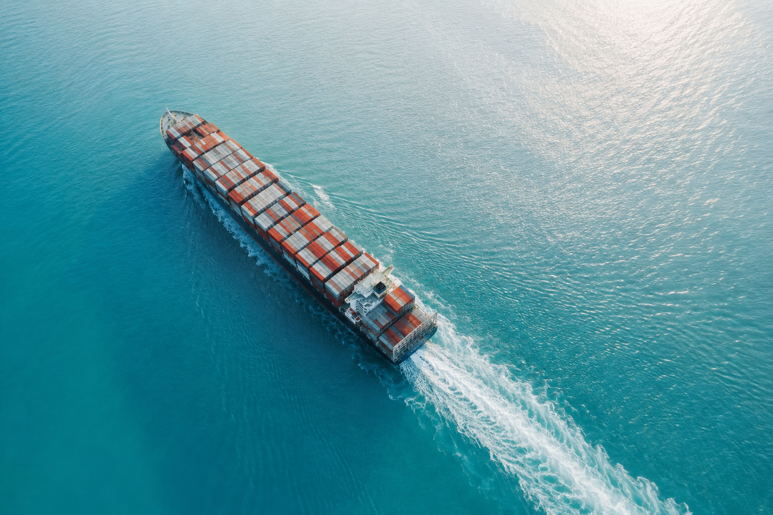 Aerial view of a loaded container ship at sea